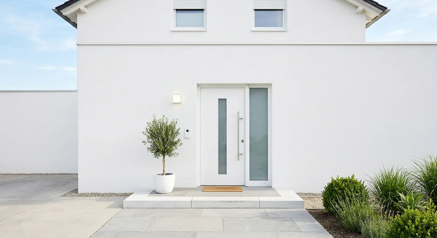 Weißes Einfamilienhaus mit Haustür und Fingerprint-Zutritt